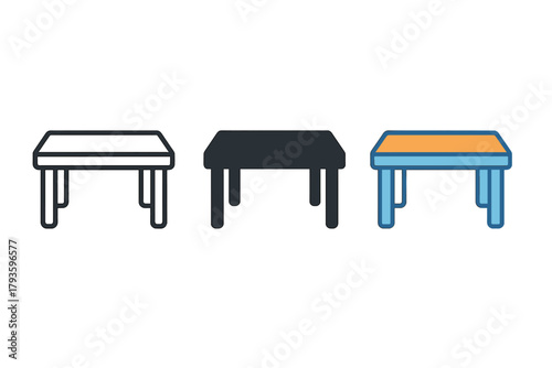 Minimalist Table Trio. Minimalist table icon: three identical rectangular tables in a row, first in line style with thin outline,