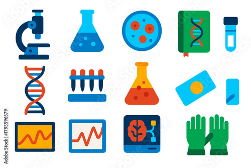 Flat Medical Research Icons. Flat vector icons of medical research: laboratory microscope, chemical flask, cell sample, research