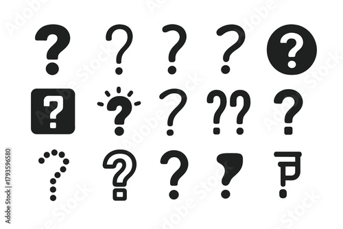 Varied Question Marks. Solid style icons of Question marks: bold question mark, thin question mark, tilted question mark, question