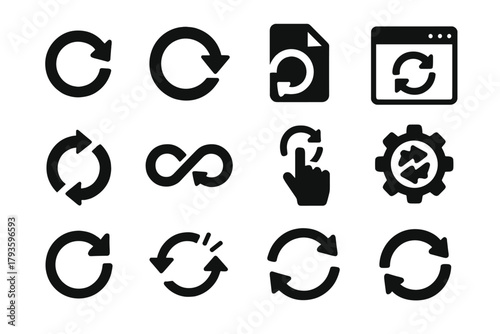 Refresh Icons Collection. Solid style icons of refresh actions: circular arrow, refresh symbol, page reload icon, reload window,