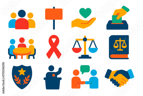 Societal Ethics Icons. Flat vector icons of societal ethics: community group, protest sign, charity hand, voting ballot,