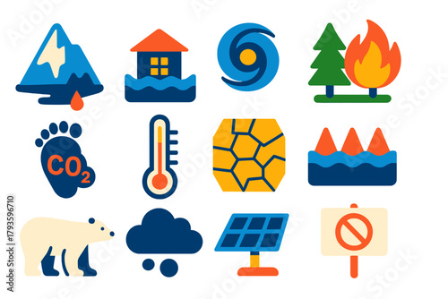 Bold Climate Icons. Flat vector icons of climate change: melting glacier, rising sea level, hurricane, wildfire, carbon footprint,