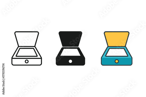 Scanner Icon Styles. Minimalist scanner office icon: three identical flatbed scanners with open lids in a row, first in line style