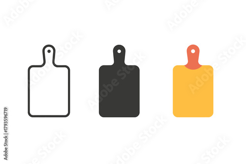 Cutting Board Styles. Minimalist cutting board icon: three identical rectangular boards with handles in a row, first in line style