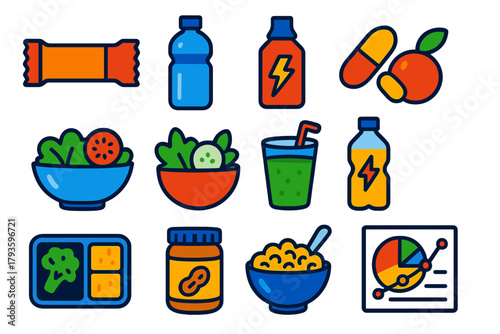 Athletic Nutrition Icons. Flat vector icons of nutrition in athletics: protein bar, water bottle, energy gel, vitamin capsules,