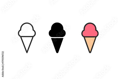 Minimalist Ice Cream Icons. Minimalist ice cream cone icon: three identical cones with one scoop of ice cream on top in a row,