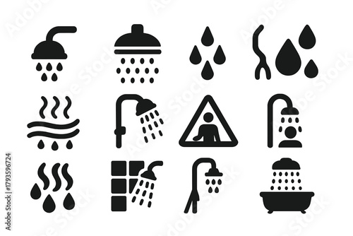 Bathroom Shower Icons. Solid style icons of showers and bathroom rain: shower head icon, rainfall shower symbol, water spray icon,
