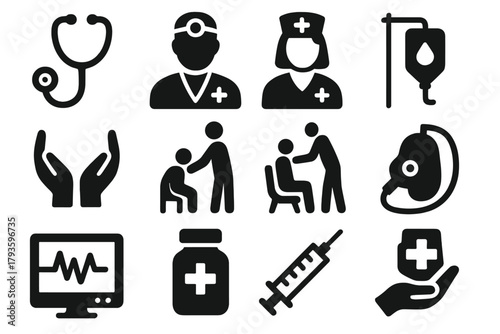Medical Icons Collection. Solid style icons of Medical help: stethoscope, doctor figure, nurse icon, helping hands, patient care