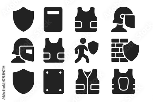 Solid Defense Icons. Solid style icons of physical defense: knight shield, riot shield, armor plate, protective gear, helmet with
