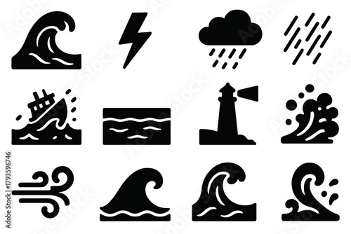 Stormy Sea Icons. Solid style icons of Stormy Seas: crashing waves, lightning bolt, storm cloud, rain spray, ship in storm, dark