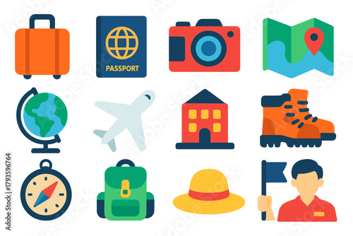 Vibrant Travel Icons. Flat vector icons of tourism: suitcase, passport, camera, map, globe, airplane, hotel, hiking boots, compass