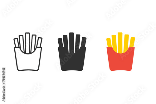 Minimalist Fries Icon. Minimalist fries fast food icon: three identical packs of french fries with sticks sticking out in a row,
