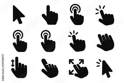 Pointer Gesture Icons. Solid style icons of Pointers: mouse pointer hand, finger pointer, tapping finger, pointing cursor,