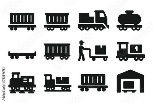 Freight Train Icons. Solid style icons of freight and cargo trains: cargo container icon, freight wagon, goods train icon, tank