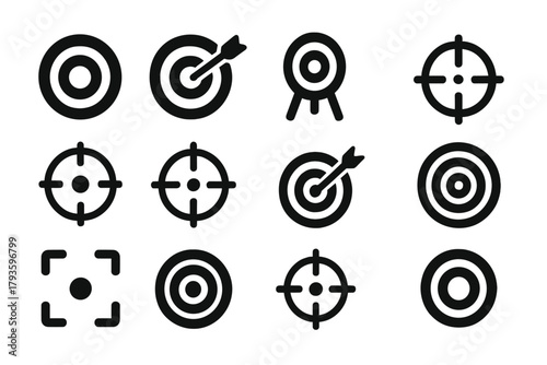 Solid Target Icons. Solid style icons of Target symbols: bullseye, dart in center, archery target, crosshair, scope sight, aiming