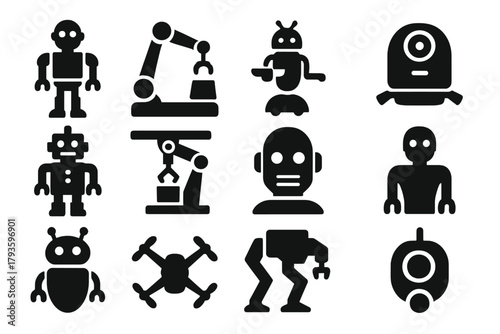 Solid Robot Icons. Solid style icons of Robots: humanoid robot, robotic arm, service robot, cleaning bot, toy robot, industrial