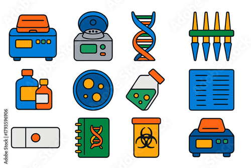 Molecular Biology Icons. Flat vector icons of molecular biology: PCR machine, microcentrifuge, DNA ladder, pipette tips, reagent