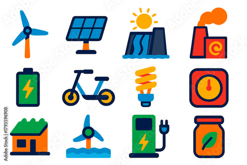 Renewable Energy Icons. Flat vector icons of renewable energy: wind turbine, solar panel, hydroelectric dam, geothermal plant,
