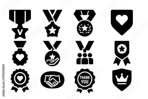Recognition Medals Icons. Solid style icons of Recognition medals: service ribbon, volunteer award, appreciation medal, dedication