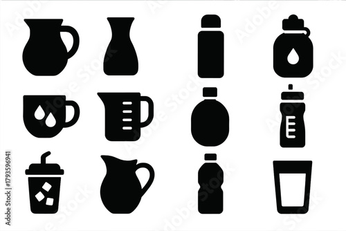 Solid Water Containers. Solid style icons of Water containers: jug, carafe, thermos, hydration flask, cup with drops, measuring