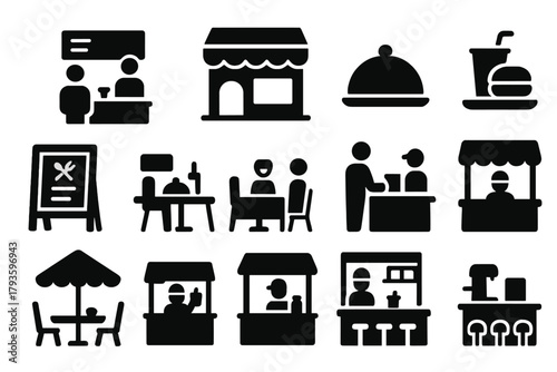 Restaurant Icons Collection. Solid style icons of Restaurants: fast food counter, restaurant building, cloche dish, food tray,