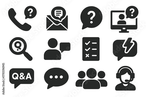 Communication Help Icons. Solid style icons of Communication help: phone with question, email bubble, chat box with ?, video call