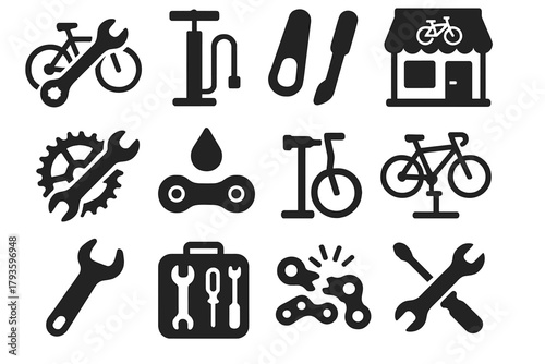 Bike Repair Icons. Solid style icons of bike repair and maintenance: wrench on bike, air pump icon, tire patch tool, bike shop