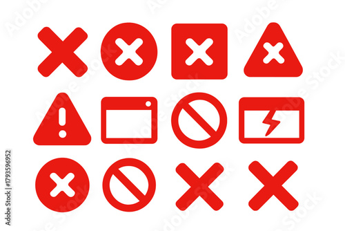 Solid Error Icons. Solid style icons of Error symbols: red cross, circle with X, square error, alert triangle with X, warning box,