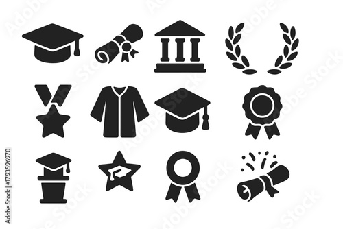 Graduation Icons Collection. Solid style icons of Graduation symbols: graduation cap, diploma scroll, university building, laurel