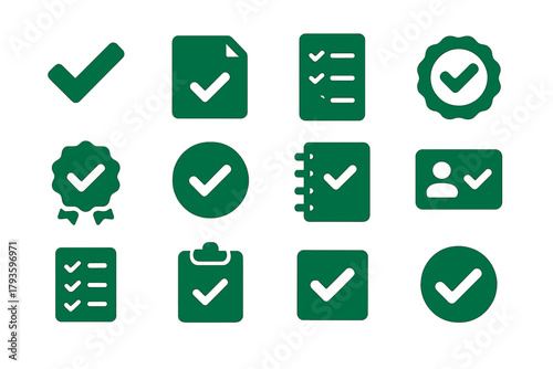 Correct Symbols Icons. Solid style icons of Correct symbols: green tick, check on paper, correct answer sheet, approved stamp,