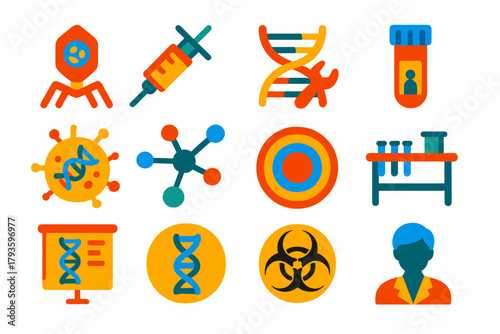 Gene Therapy Icons. Flat vector icons of gene therapy: viral vector, injection syringe, DNA repair icon, patient vial, gene