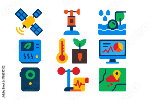 Environmental Monitoring Icons. Flat vector icons of environmental monitoring: satellite, weather station, rain gauge, river
