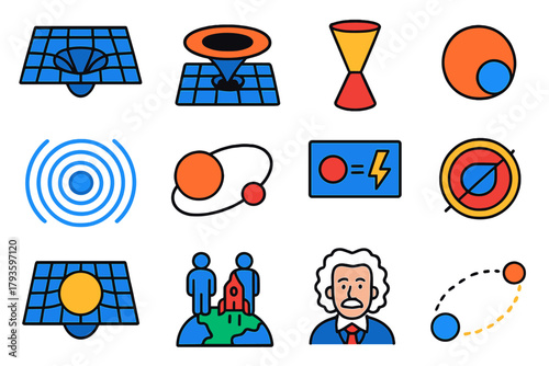 Relativity Icons Collection. Flat vector icons of relativity: spacetime grid, black hole, light cone, gravitational wave, orbiting