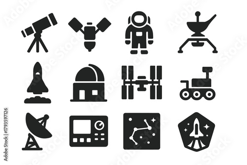 Space Exploration Icons. Solid style icons of Space Exploration: telescope, satellite, astronaut, space probe, rocket launch,