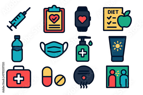 Preventive Medicine Icons. Flat vector icons of preventive medicine: vaccine syringe, health checkup chart, fitness tracker, diet