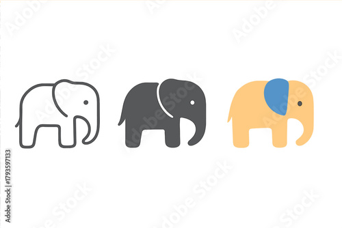 Elephant Icon Trio. Minimalist elephant animal icon: three identical elephants in side view with trunk curved downward in a row,