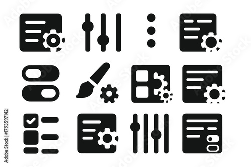 Solid UI Settings Icons. Solid style icons of options and settings: gear in menu, slider in dropdown, options dots, context menu