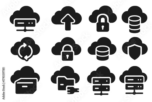 Cloud Storage Icons. Solid style icons of cloud data storage: cloud server, upload arrow, download arrow, cloud sync, secure lock,