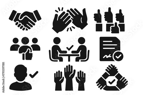 Solid Agreement Icons. Solid style icons of Agreement: handshake, hands clapping, group thumbs up, team approval, meeting