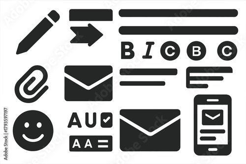 Email Interface Icons. Solid style icons of email interface elements: compose button, send arrow, toolbar icons, subject line bar,