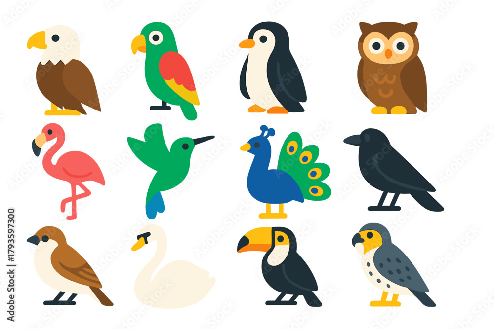 Fototapeta premium Colorful Bird Icons. Flat vector icons of birds: eagle, parrot, penguin, owl, flamingo, hummingbird, peacock, crow, sparrow, swan,