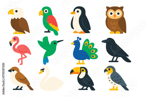 Colorful Bird Icons. Flat vector icons of birds: eagle, parrot, penguin, owl, flamingo, hummingbird, peacock, crow, sparrow, swan,