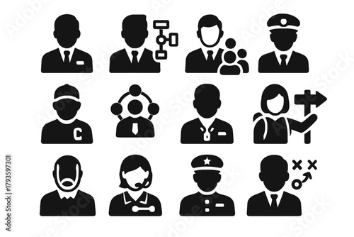 Leadership Role Icons. Solid style icons of Leadership roles: director avatar, project leader, team leader, chief officer, squad