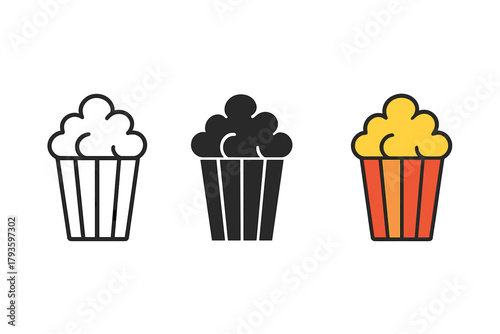 Minimalist Popcorn Icon. Minimalist popcorn fast food icon: three identical popcorn buckets with fluffy kernels on top in a row,