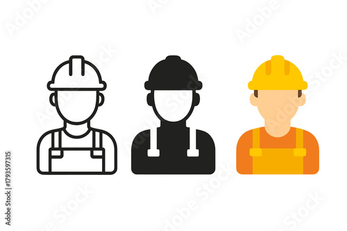 Minimalist Worker Icons. Minimalist construction worker profession icon: three identical worker figures with hard hats in a row,