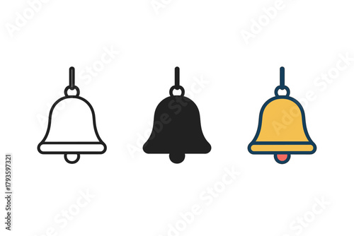 Minimalist School Bell Trio. Minimalist school bell icon: three identical hanging bells with small clappers in a row, first in