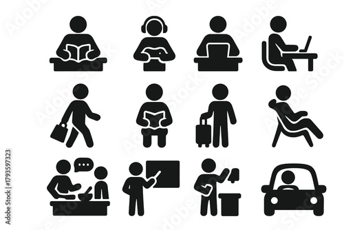 User Activity Icons. Solid style icons of User activities: studying person, gaming person, working person, shopping person,