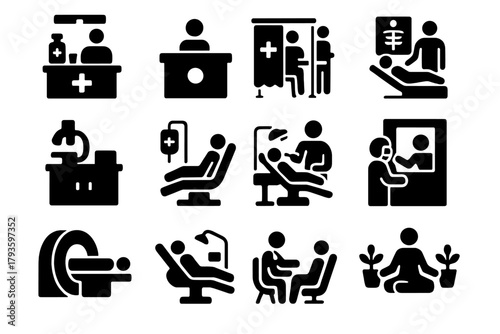 Healthcare Facility Icons. Solid style icons of Healthcare facilities: pharmacy counter, reception desk, triage booth, diagnostic
