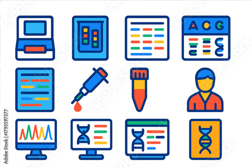 Colorful DNA Icons. Flat vector icons of DNA sequencing: sequencer machine, gel electrophoresis, nucleotide readout, base pair