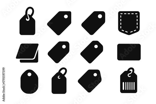 Solid Tag Icons. Solid style icons of Price tags: hanging tag, blank tag, tag with hole, stitched label, folded tag, curved tag,